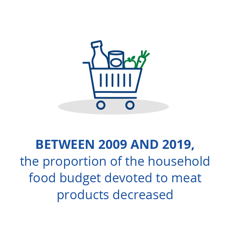 Between 2009 and 2019, the proportion of the household food budget devoted to meat products decreased