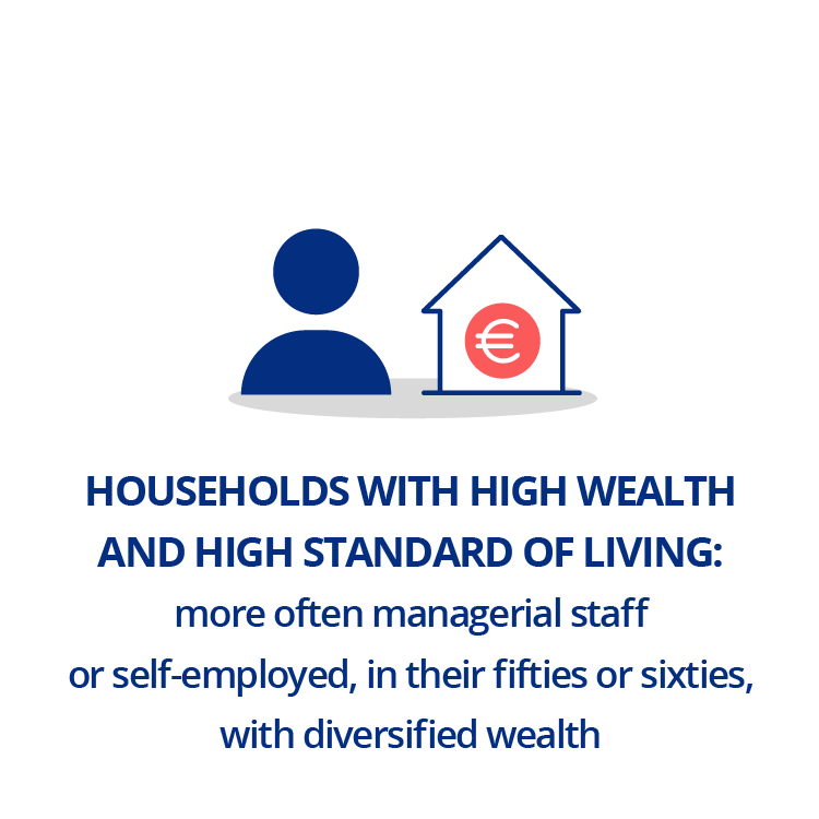 Households with high wealth and high standard of living: more often managerial staff or self‑employed, in their fifties or sixties, with diversified wealth